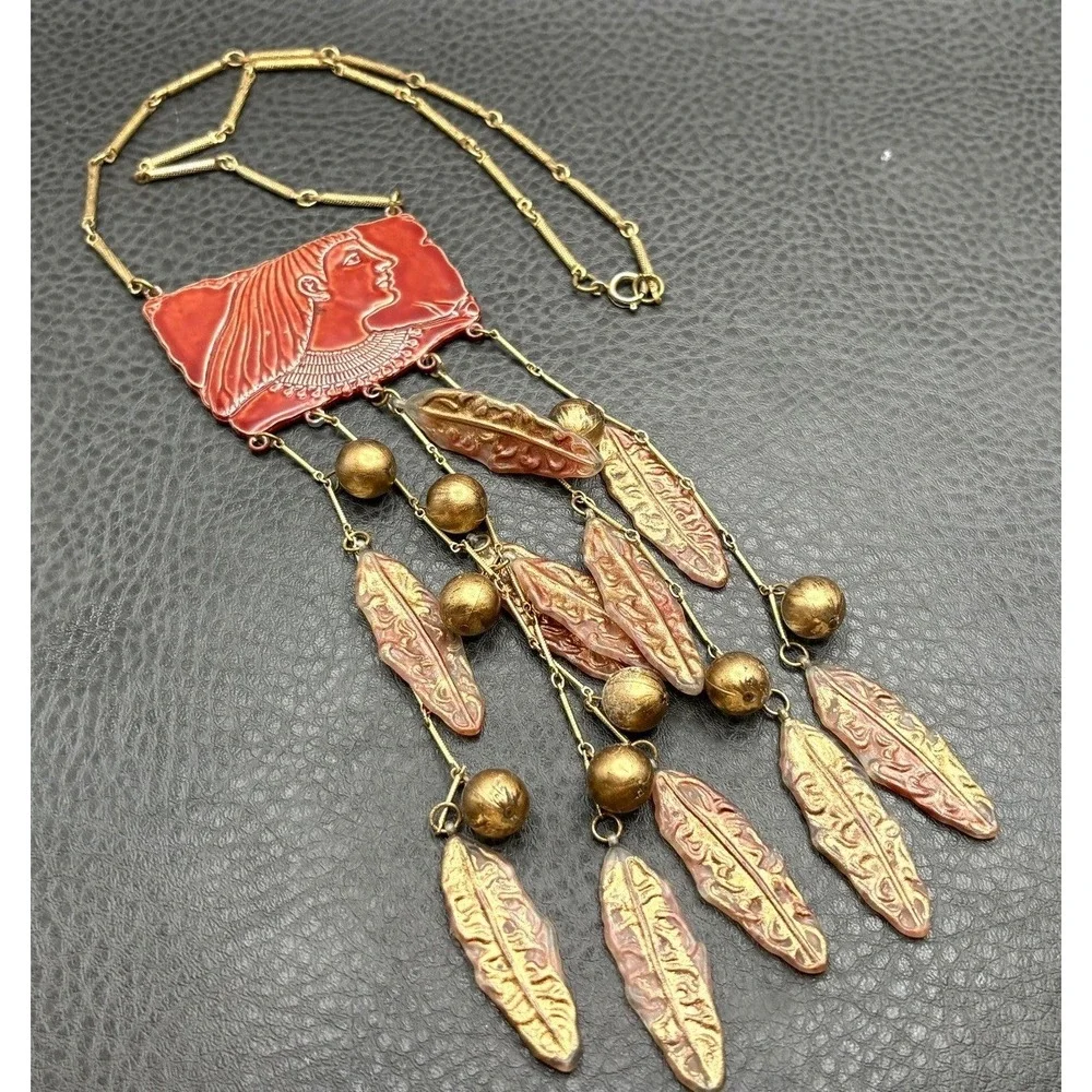 Vintage Lady Face Egyptian Revival Red Huge Waterfall Fringe Dangle Necklace 18
